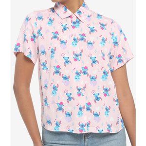 Disney Lilo & Stitch Hearts Pink Girls Woven Button-Up